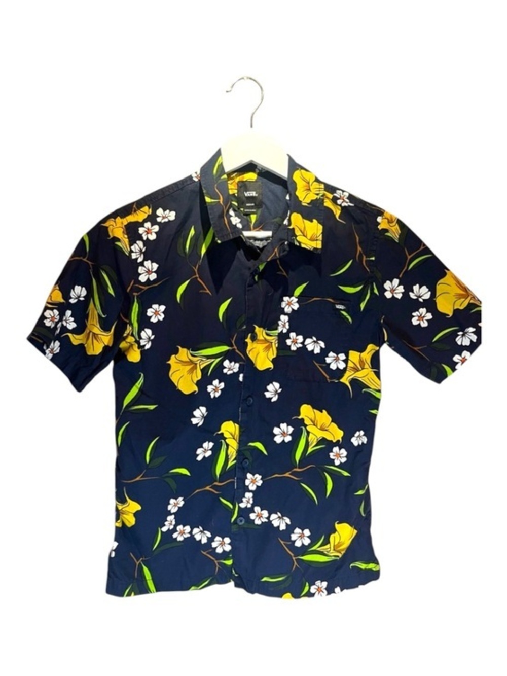 Vans boy’s Floral Hawaiian Shirt Music Notes Size Medium Navy Blue